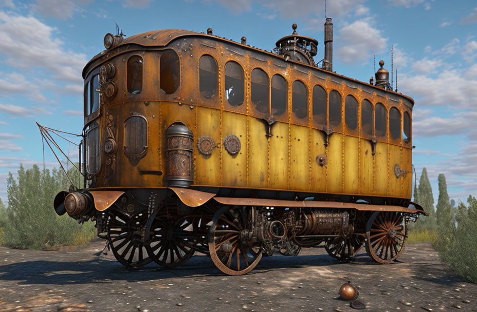 Fantastical Steampunk-Style Locomotive in 3D Rendered Image