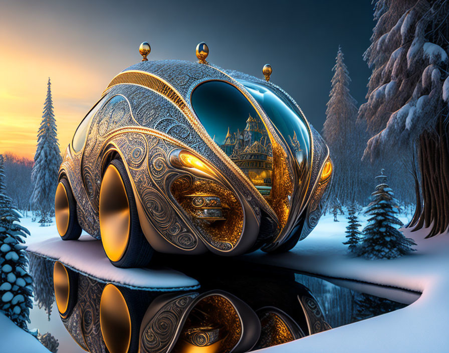 Ornate futuristic vehicle parked in snowy dusk landscape