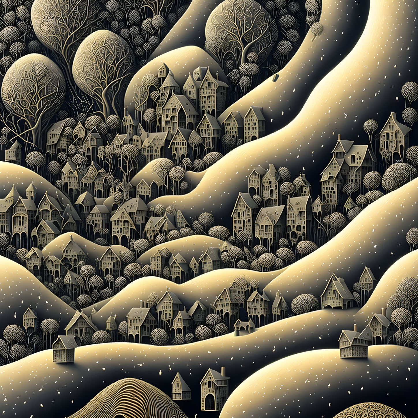 Detailed Black and Gold Whimsical Landscape Illustration