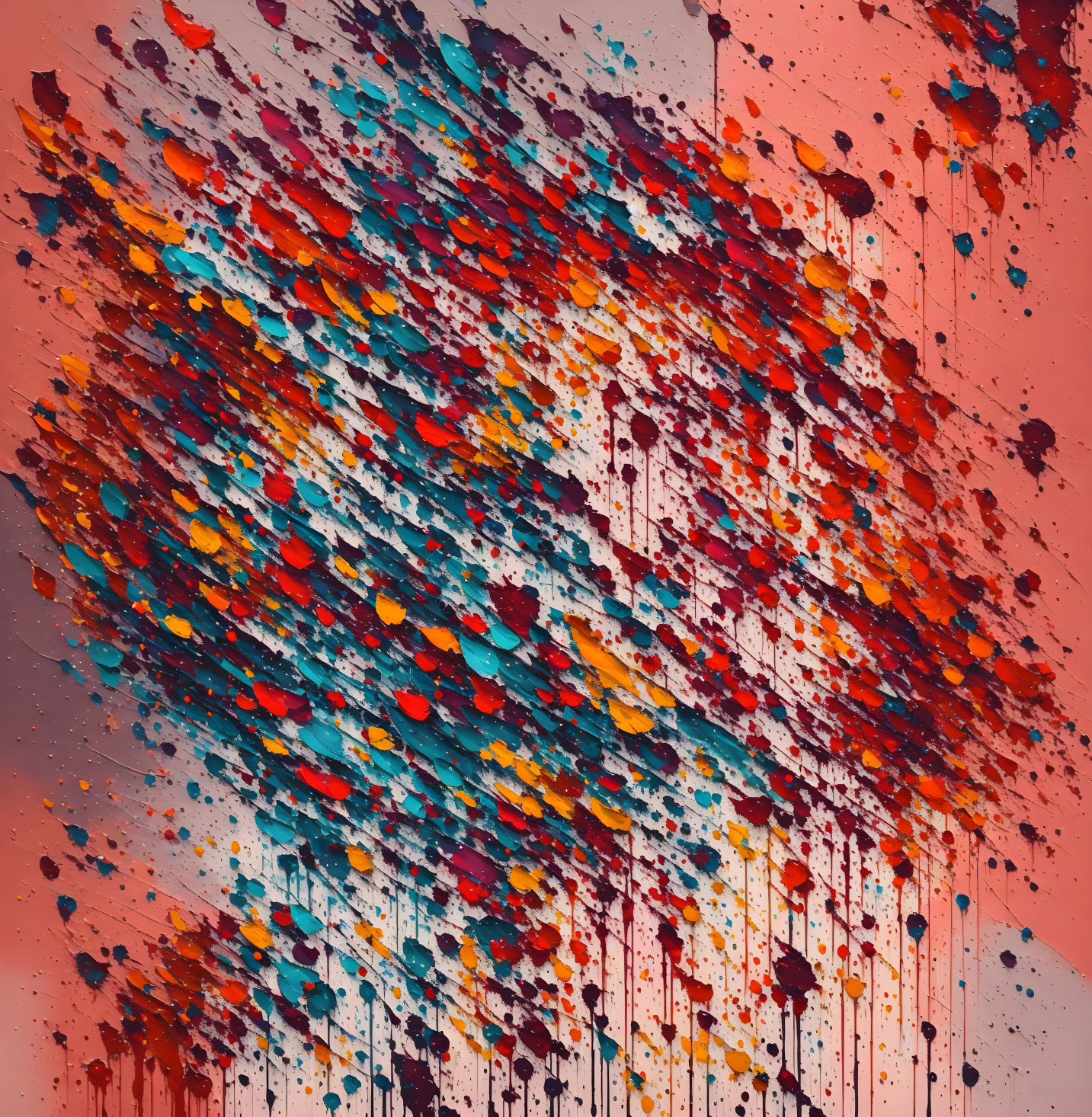 Vivid Red, Blue, and Orange Abstract Splatter Painting on Muted Background