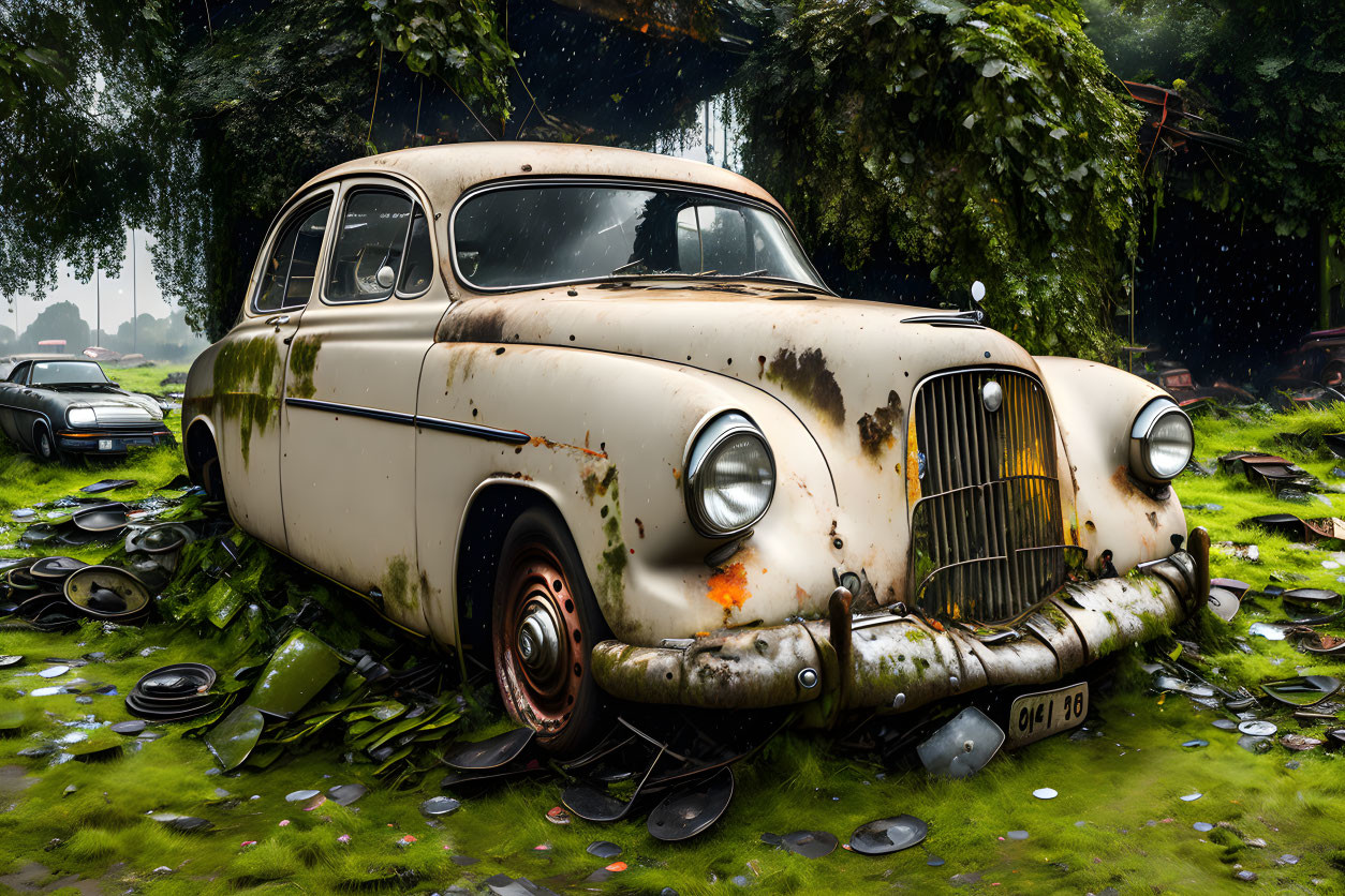 Rusty cream and brown car abandoned in grassy field with vintage parts