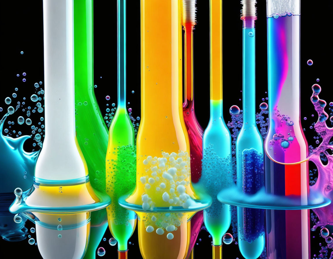 Vibrant liquid splashes in dynamic shapes and vivid colors against black background