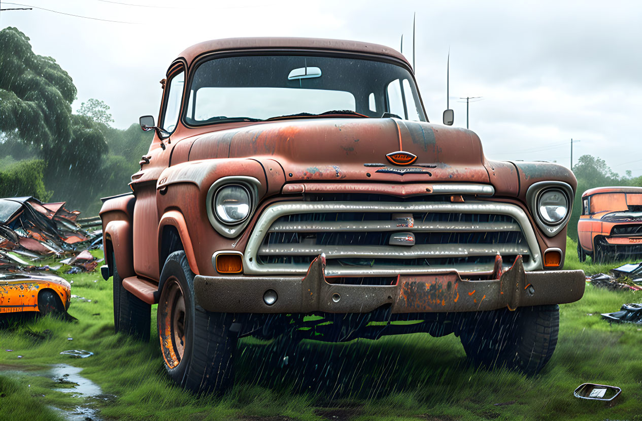 Rusty vintage pickup truck in rainy junkyard scene