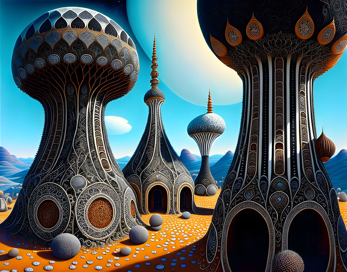 Surreal landscape with ornate mushroom-shaped structures and rolling hills