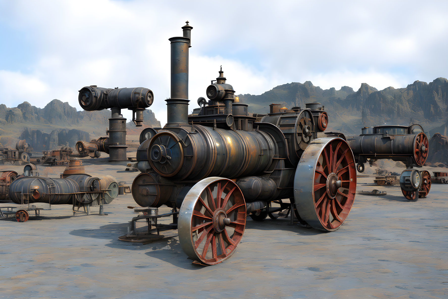 Vintage steam tractor with large rear wheels and small chimney in deserted landscape