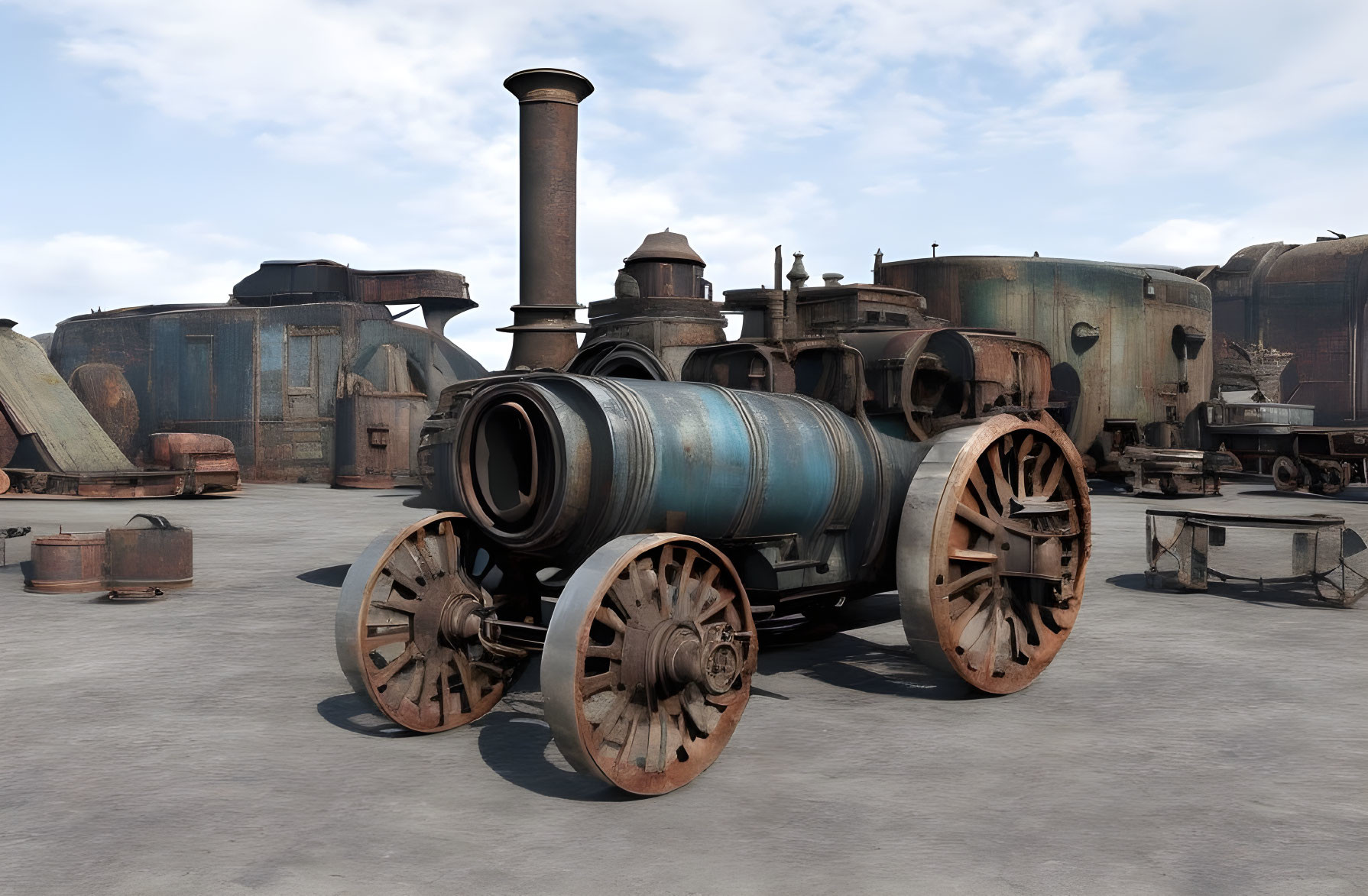 Vintage Steam Tractor with Large Rear Wheels and Metal Boiler in Industrial Setting