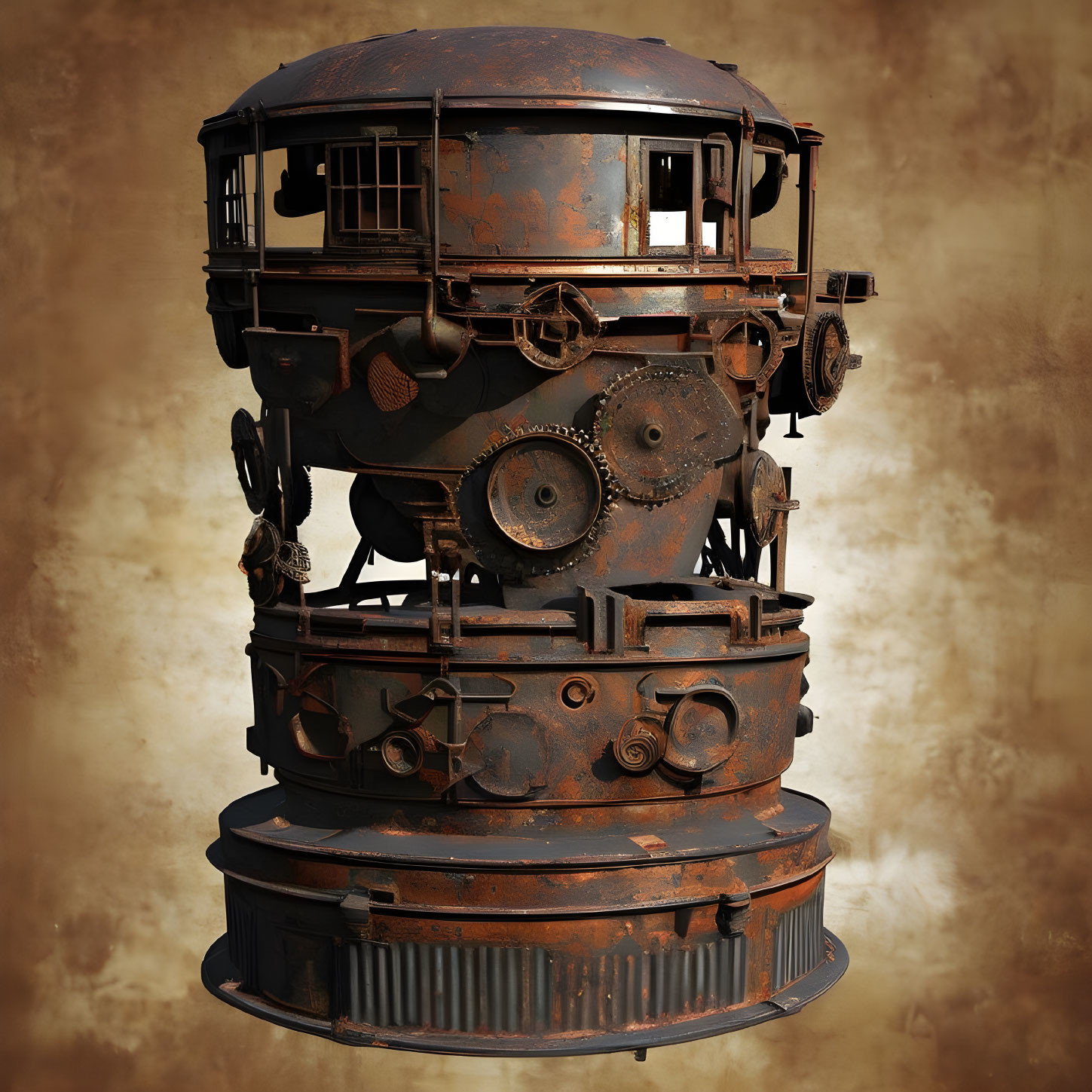 Steampunk cabin atop rustic contraption with gears and pipes