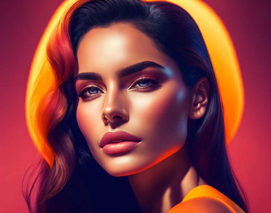 Vibrant digital portrait of woman with striking makeup and flowing hair