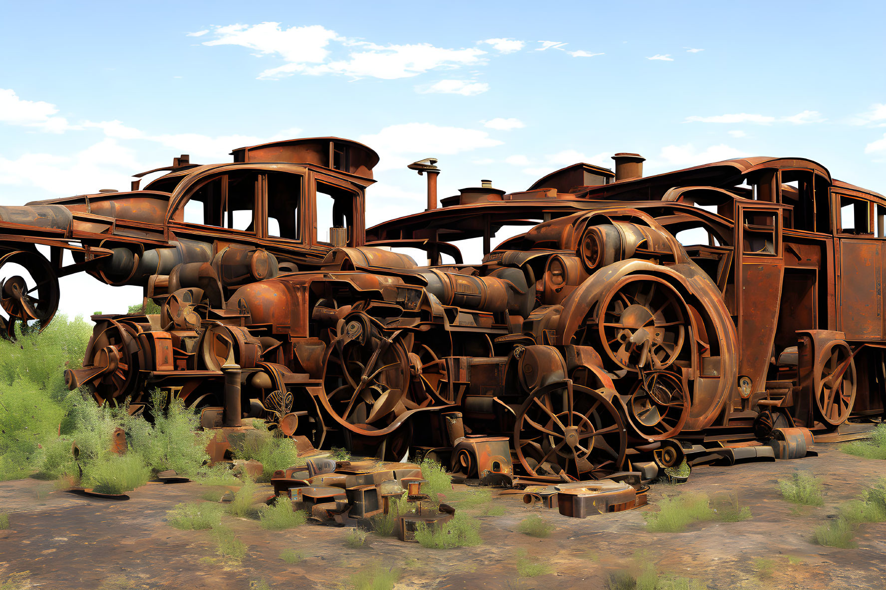 Abandoned vintage steam locomotives in desert landscape