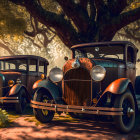 Vintage cars parked under tree with sunlight filtering through leaves