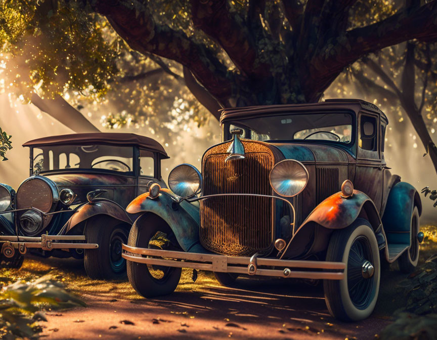 Vintage cars parked under tree with sunlight filtering through leaves