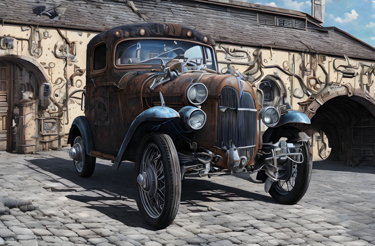 Rusty vintage car parked on cobblestones near building with wall instruments