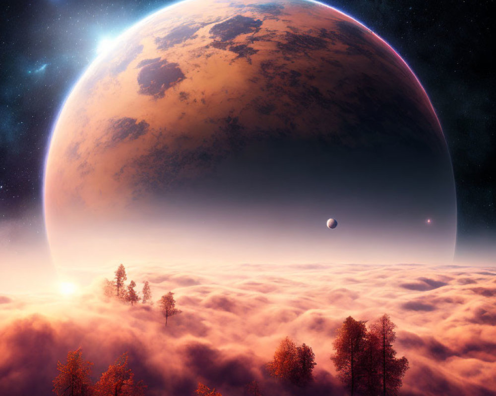 Surreal landscape with treetops, clouds, and celestial bodies