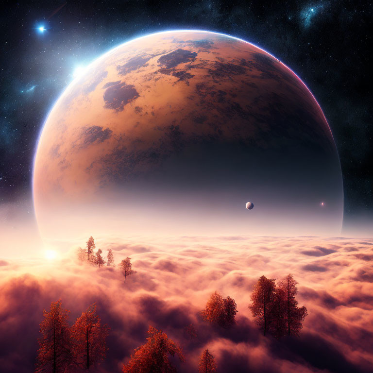 Surreal landscape with treetops, clouds, and celestial bodies