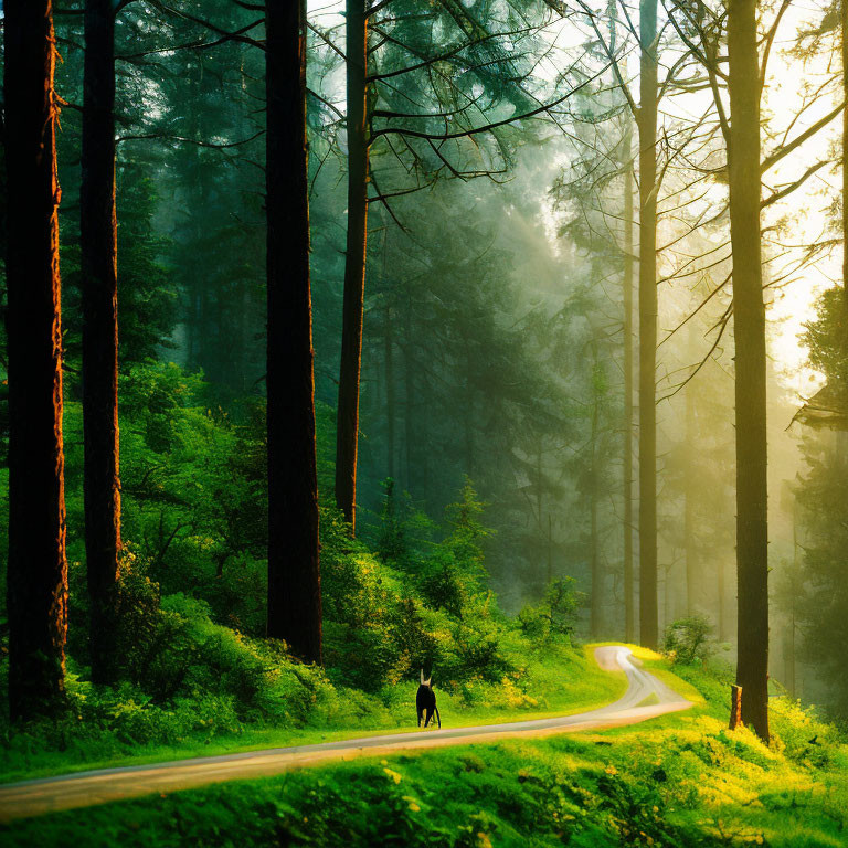 Person walking on curvy path in sunlit misty forest