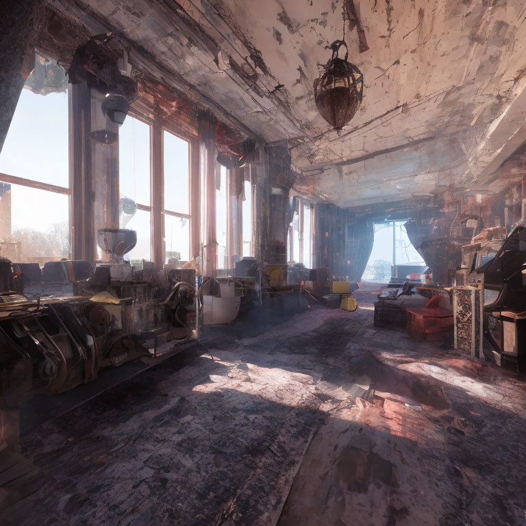 Abandoned industrial interior with damaged ceiling and large windows