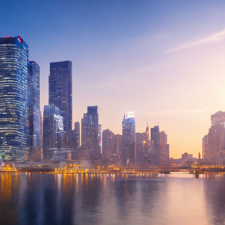 Modern skyscrapers reflecting in calm river under twilight sky