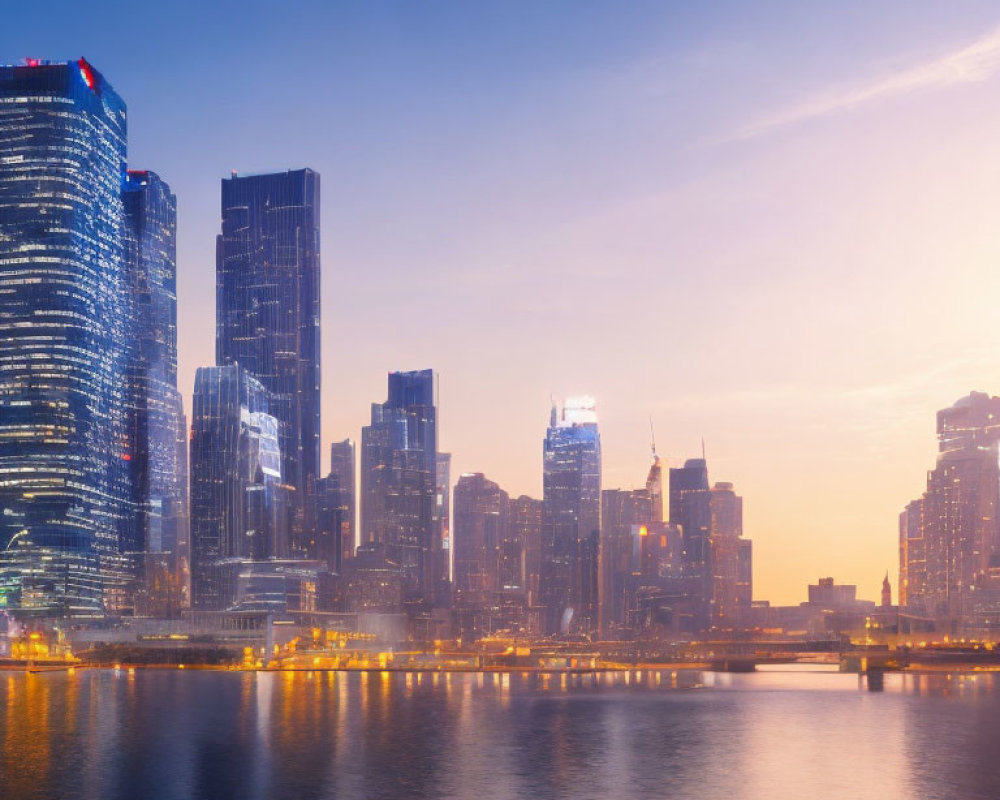 Modern skyscrapers reflecting in calm river under twilight sky