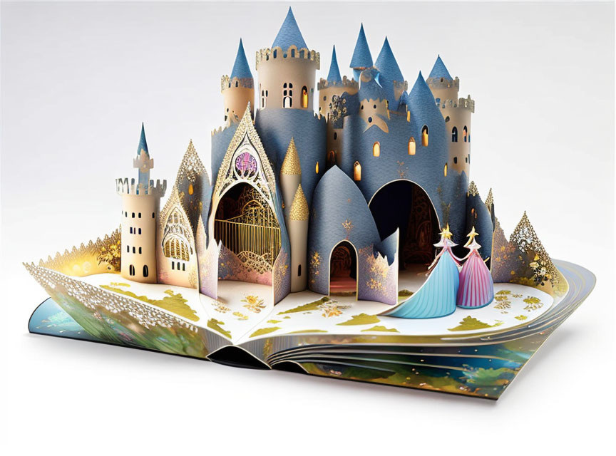 Intricate 3D paper castle with princess figures in colorful pop-up book