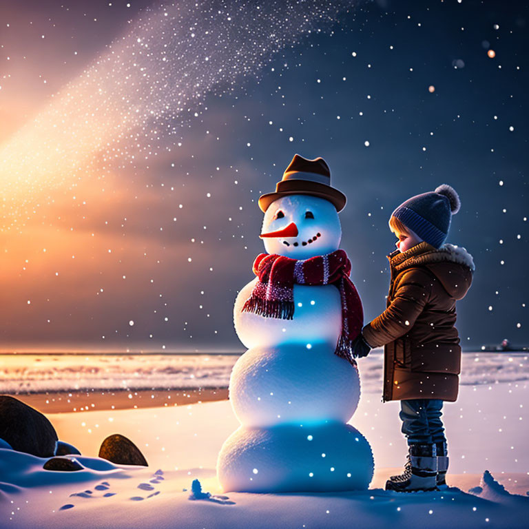 Child in winter clothing next to smiling snowman under starry sky