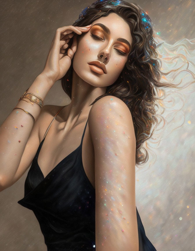 Digital illustration: Woman with glowing star-infused skin, vibrant makeup, wavy hair, adorned with