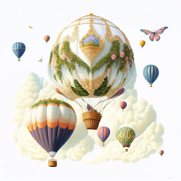 Colorful hot air balloons and butterflies in fantasy sky scene.