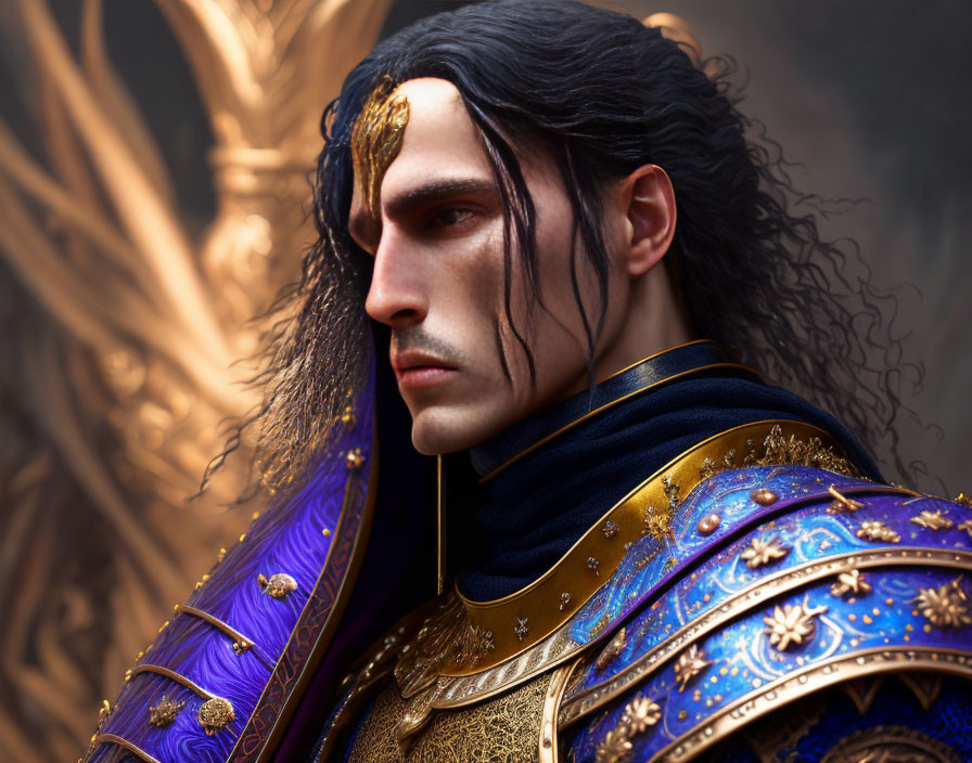 Detailed digital art: man in ornate medieval armor with long black hair