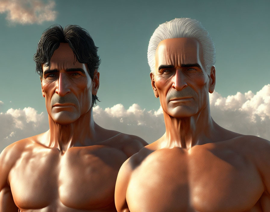 Muscular Male Figures with Black and White Hair Against Sky Background