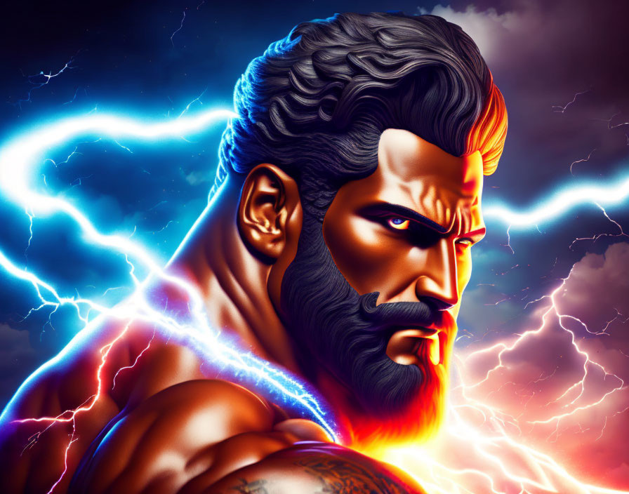 Muscular bearded man in dramatic lightning storm.