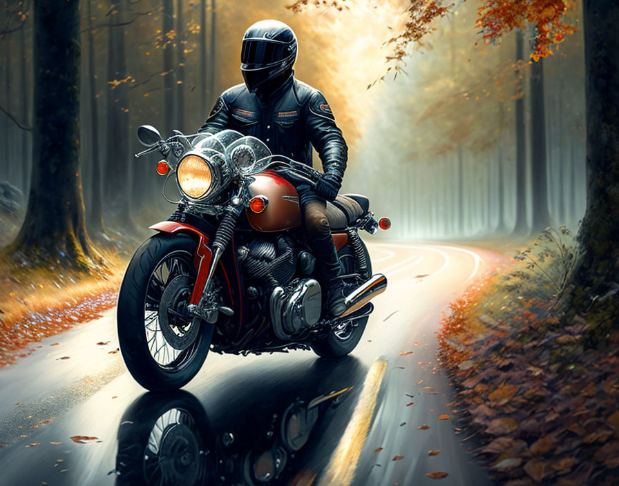 Motorcyclist in full gear rides classic bike on autumn forest road