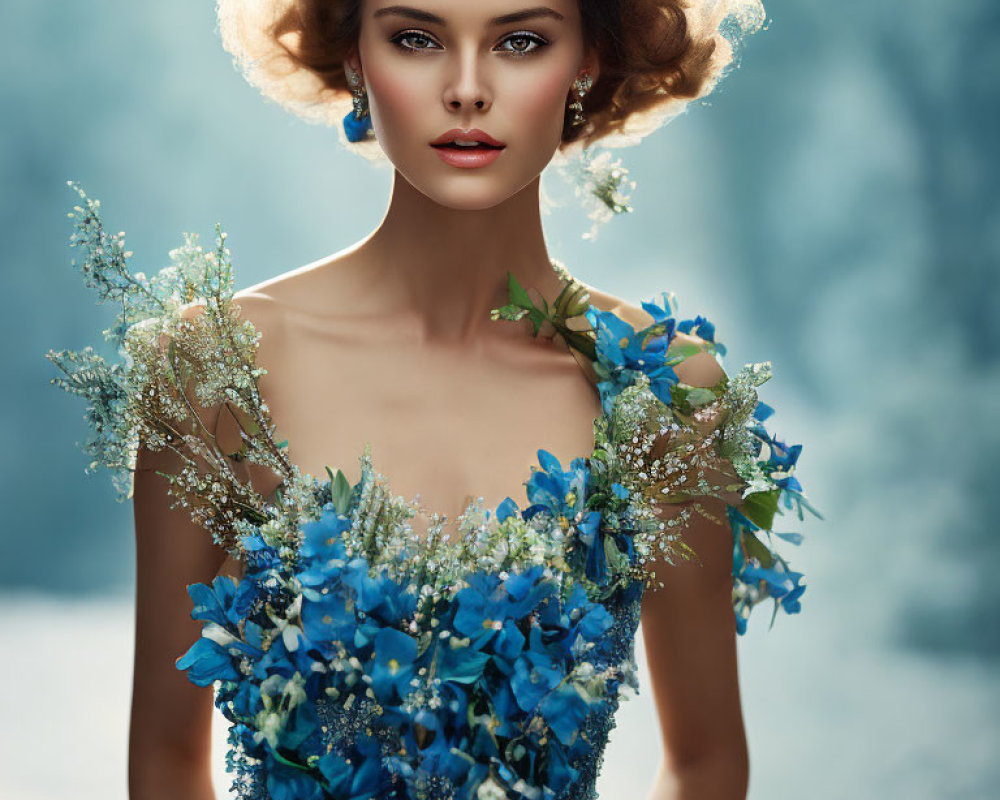 Elaborate Floral Hairstyle and Blue Dress on Soft Blue Background