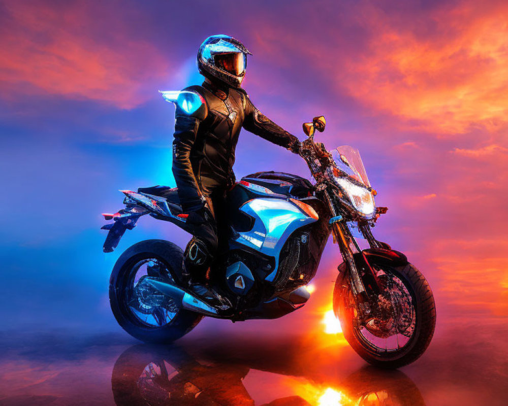 Motorcyclist in full gear on sports bike under dramatic sky