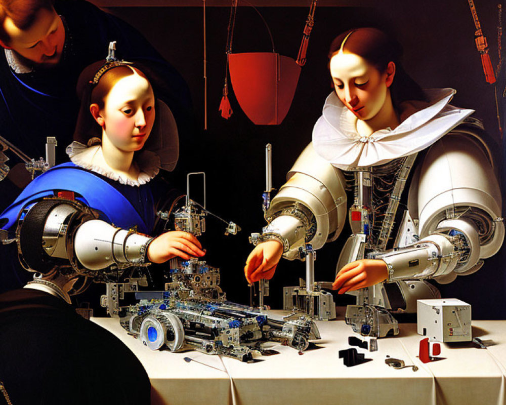 Surreal painting: Two women in 17th-century attire with robotic arms.