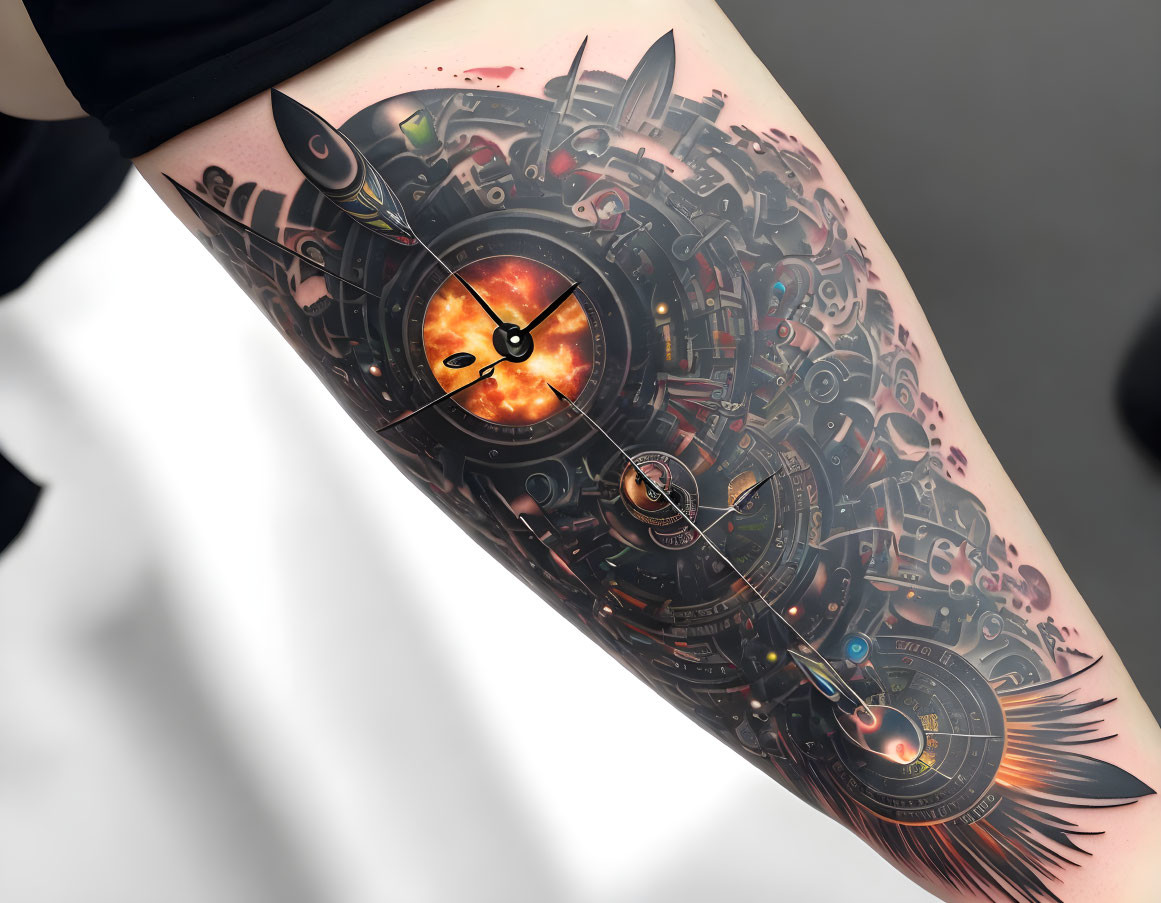 Detailed mechanical vortex tattoo with gears and clocks on arm