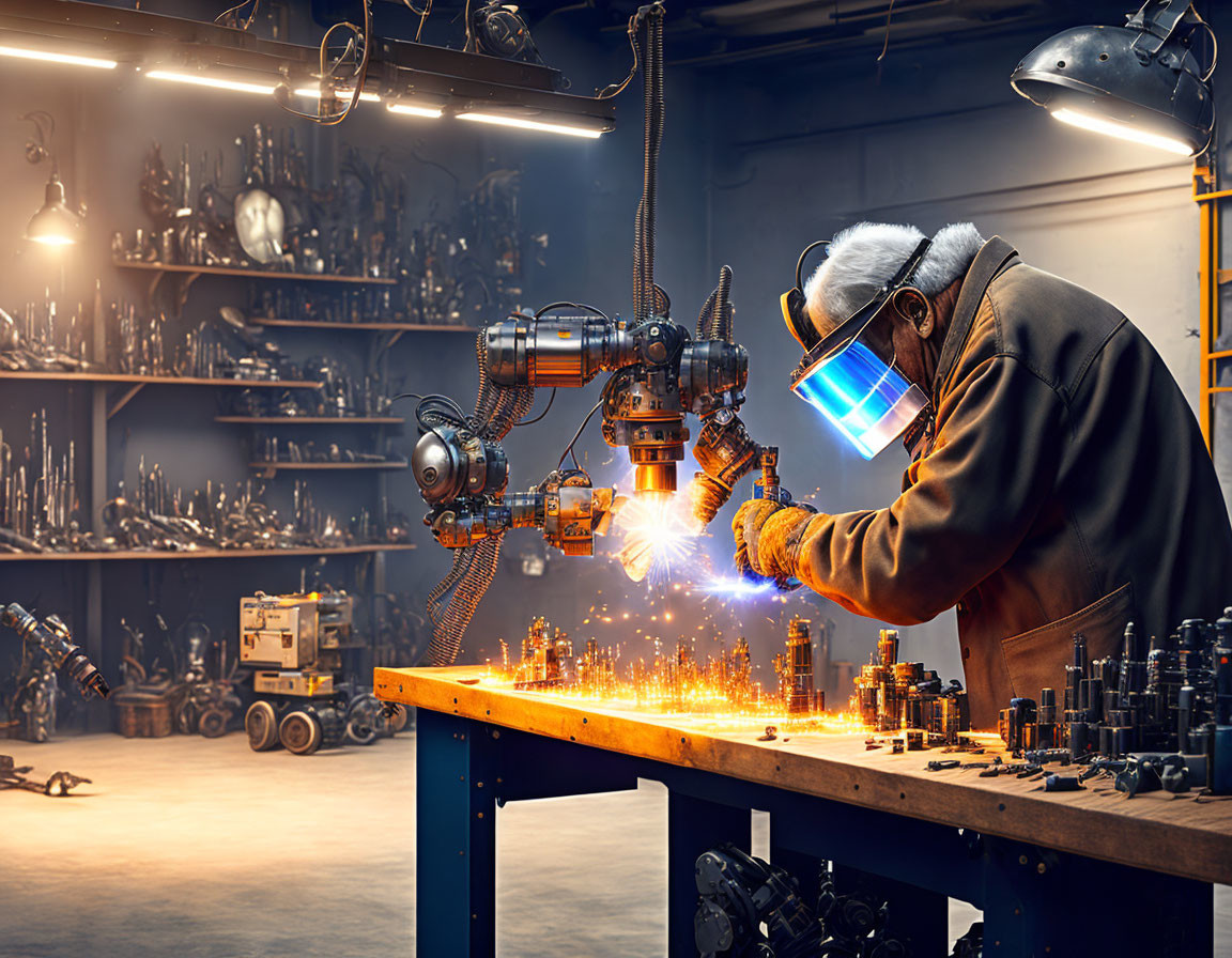 Workshop scene with person welding and robotic arm among sparks and tools