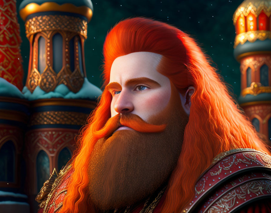 Fiery red-bearded animated character in regal armor against medieval backdrop