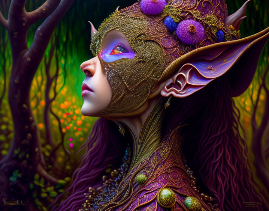 Female elf with pointed ears and floral mask in mystical forest.