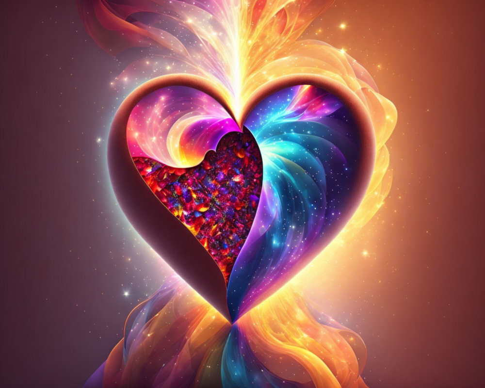 Vivid digital art: swirling heart with cosmic texture on warm background