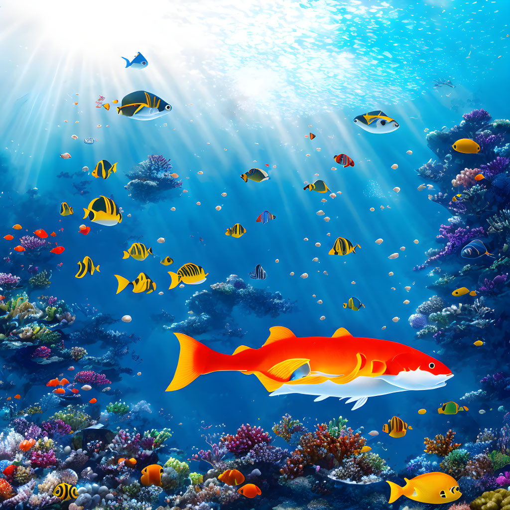 Colorful Fish Swimming in Vibrant Underwater Coral Scene