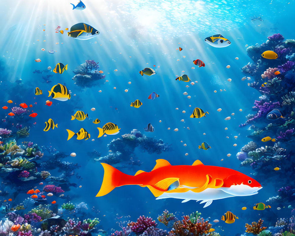 Colorful Fish Swimming in Vibrant Underwater Coral Scene