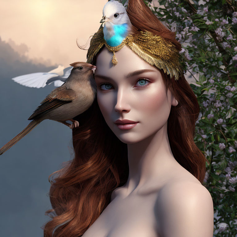 Digital artwork of woman with red hair and blue eyes in golden headpiece with birds and floral backdrop