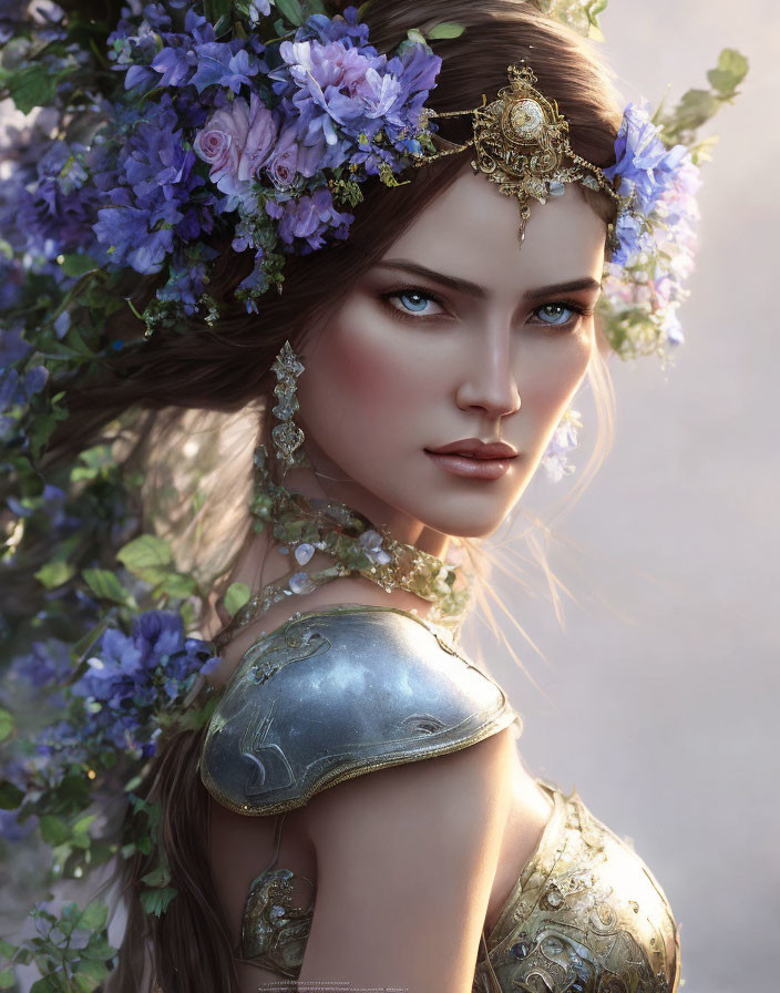 Woman with blue eyes and floral crown in elegant gold armor fantasy portrait.