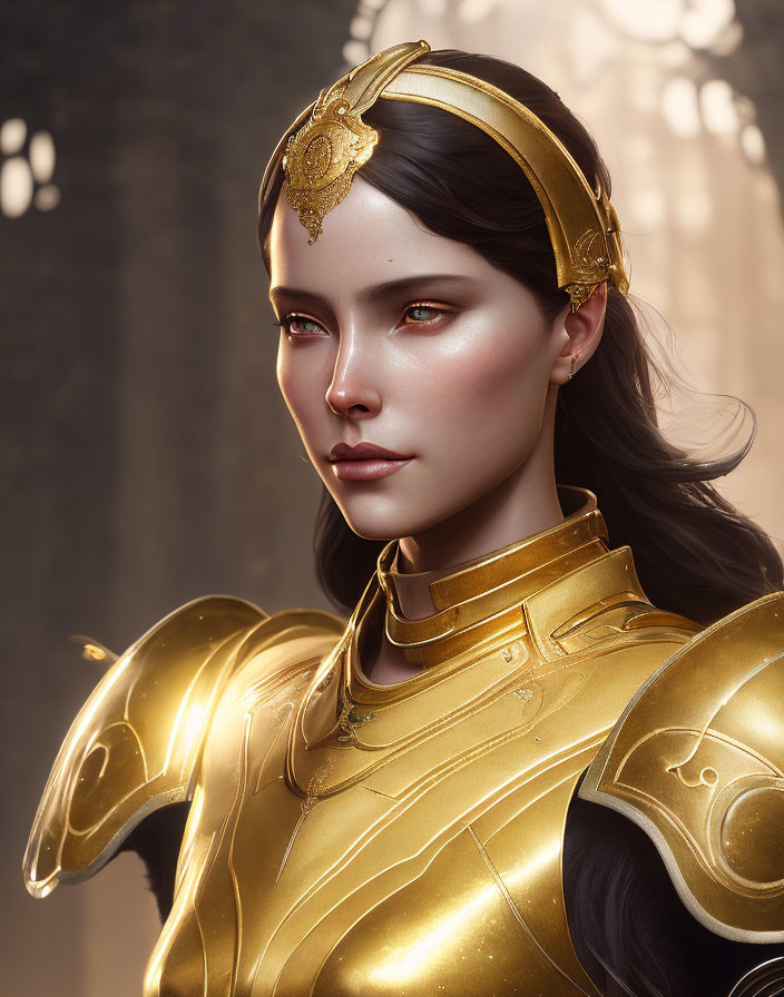 Digital portrait: Woman in golden armor with circlet, serene expression, mystical forest backdrop