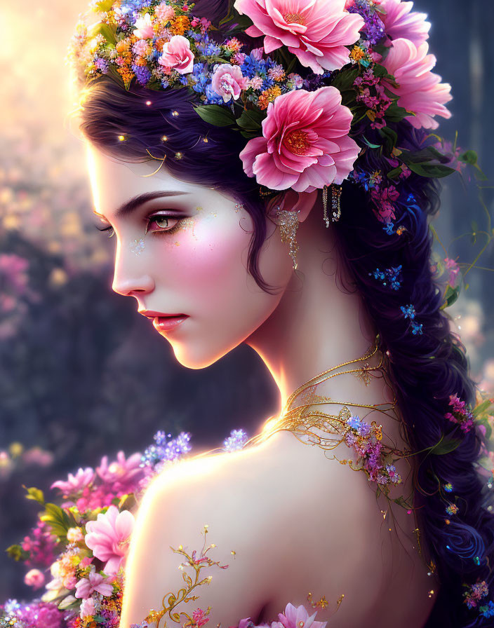 Digital artwork: Woman with floral crown, braided hair, flowers, and golden jewelry on soft glowing