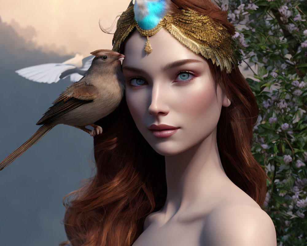 Digital artwork of woman with red hair and blue eyes in golden headpiece with birds and floral backdrop