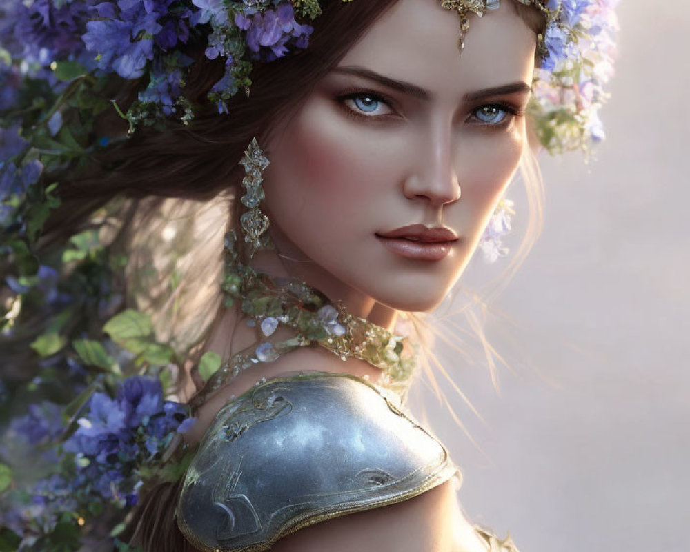 Woman with blue eyes and floral crown in elegant gold armor fantasy portrait.