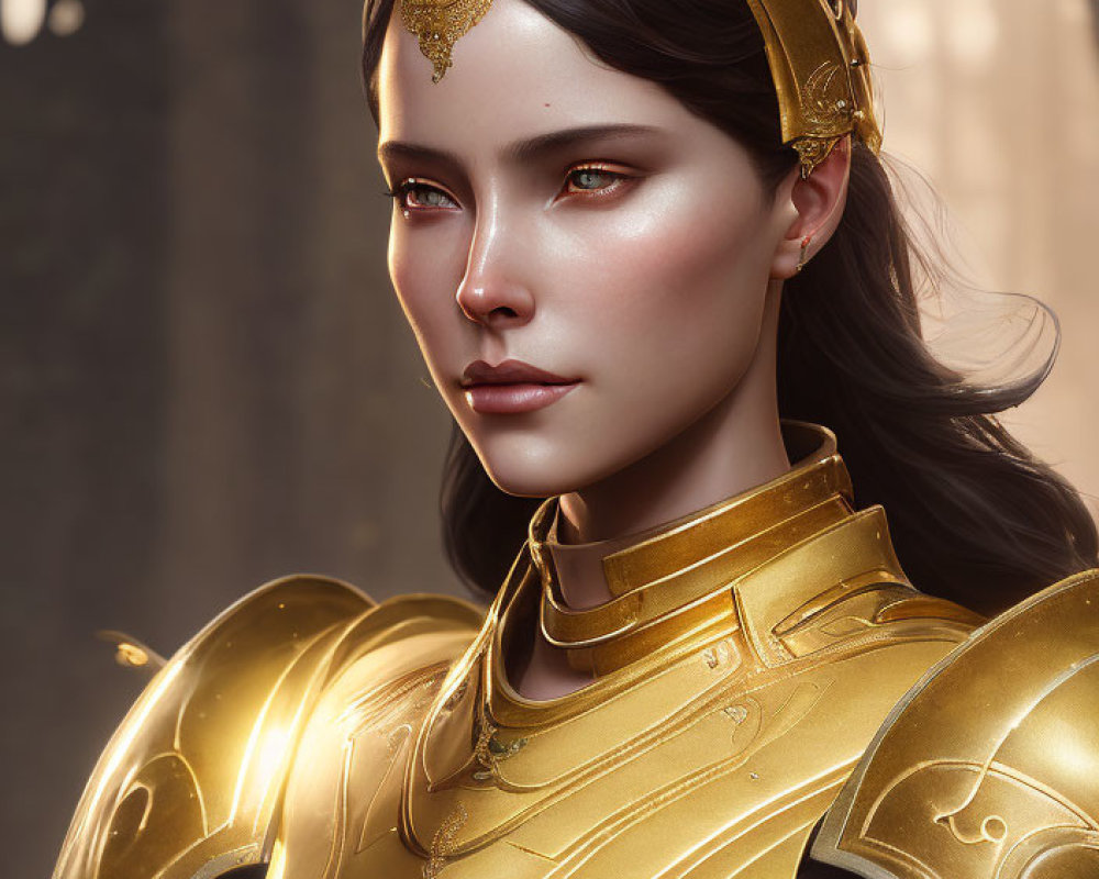 Digital portrait: Woman in golden armor with circlet, serene expression, mystical forest backdrop