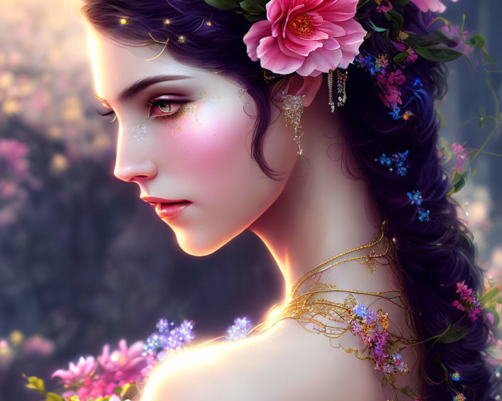 Digital artwork: Woman with floral crown, braided hair, flowers, and golden jewelry on soft glowing