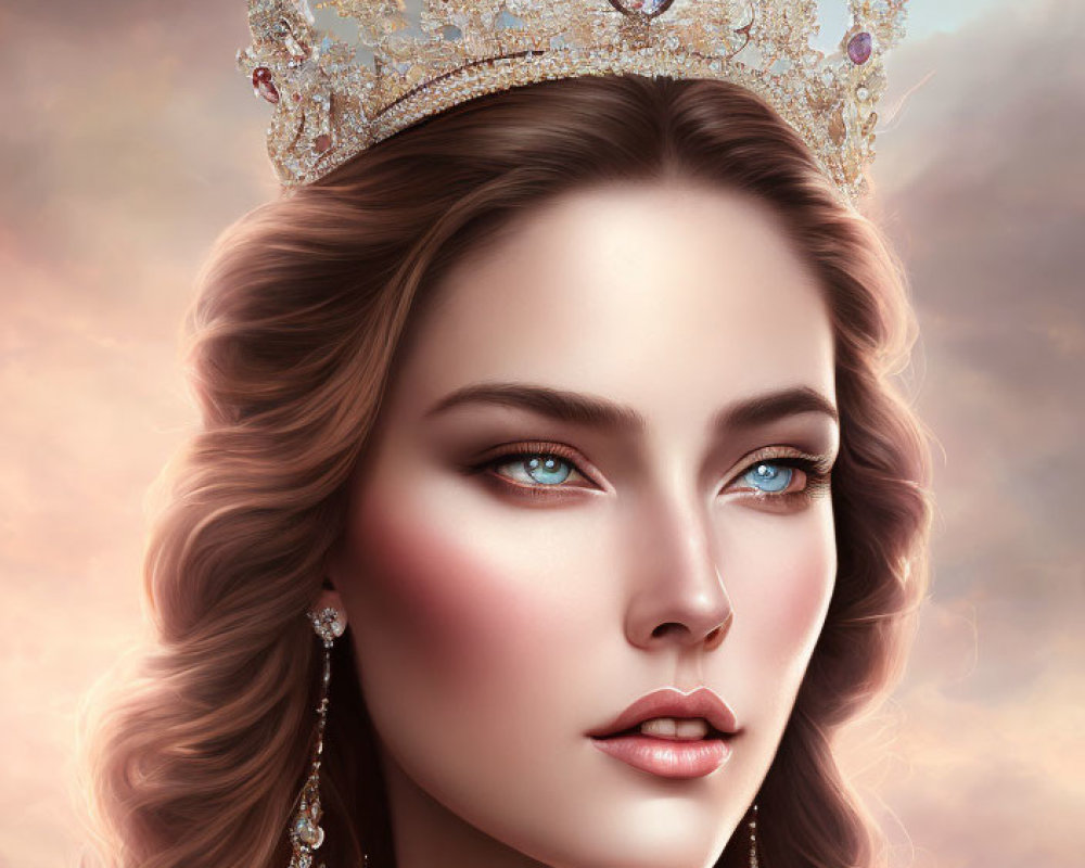 Portrait of Woman with Crown and Blue Eyes in Cloudy Sky