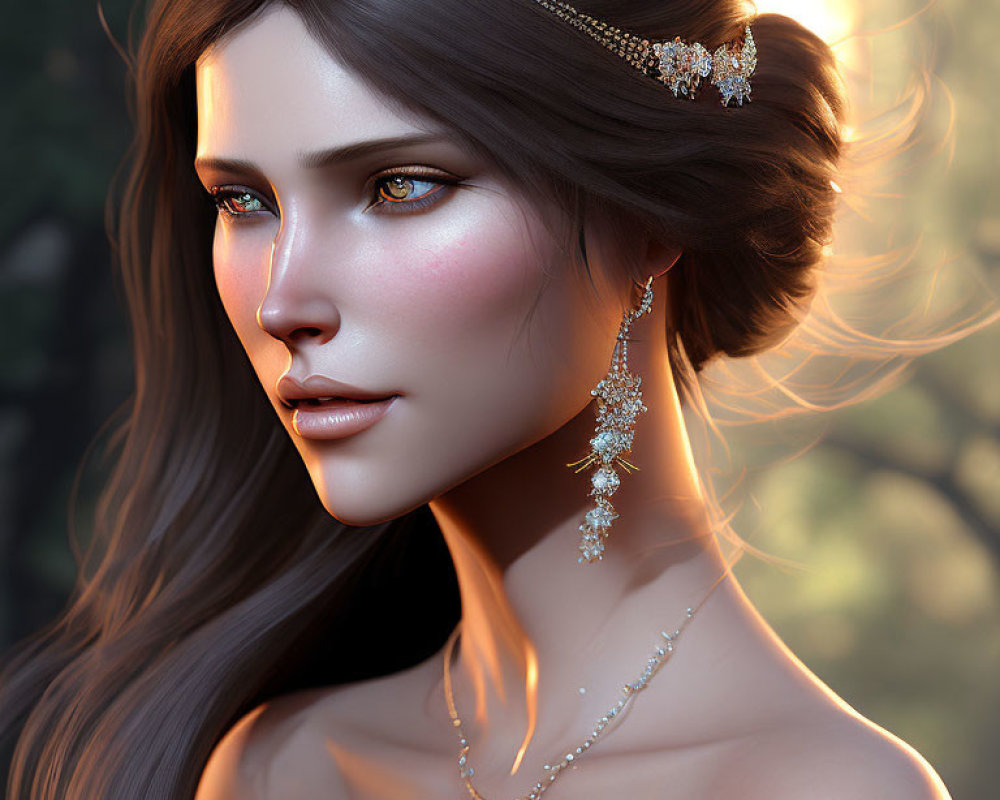 Brown-haired woman in sparkling jewelry against forest backdrop